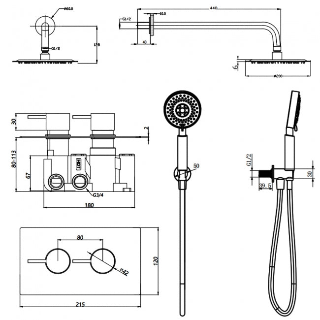 Kartell KVIT Ottone Brushed Brass Thermostatic Concealed Shower with Handset and 200mm Overhead Drencher