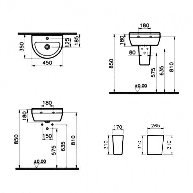 Kartell KVIT Style 450mm 1 Tap Hole Basin with Semi Pedestal