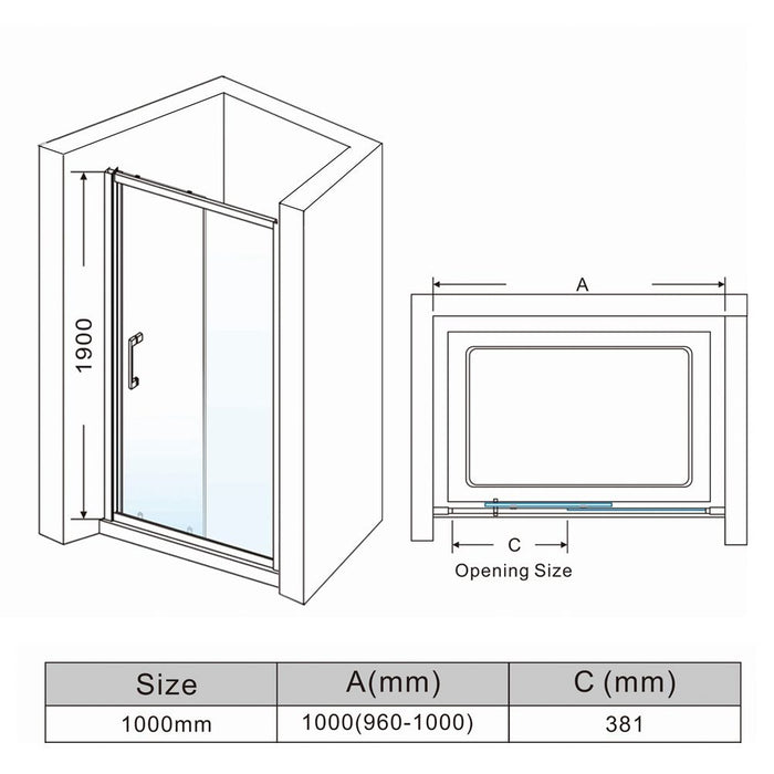 Linea 1000 Sliding Shower Door 8mm Clear Glass  - Chrome