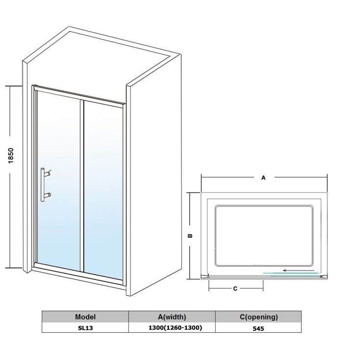 Linea 1300 Sliding Shower Door 6mm Clear Glass  - Chrome