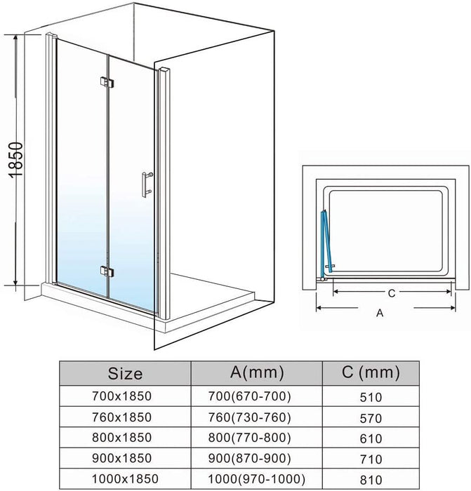 Linea 700mm Frameless Bi Fold Shower Door 6mm Clear Glass - Chrome