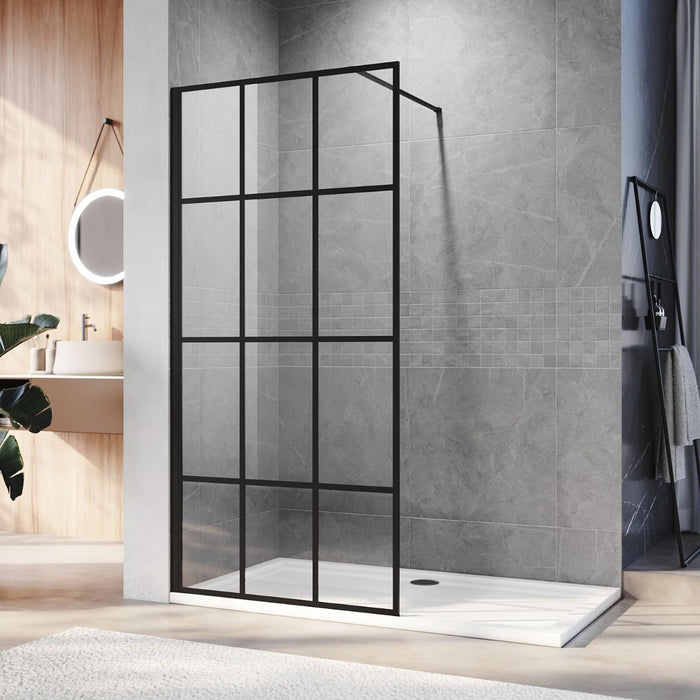 Linea Grid 900mm Walk-In Shower Panel 8mm Black Grid Glass - Matt Black