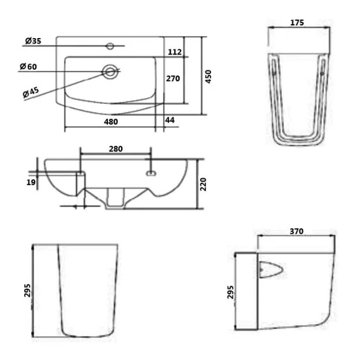 Kartell KVIT Trim 550mm 1 Tap Hole Basin with Semi Pedestal