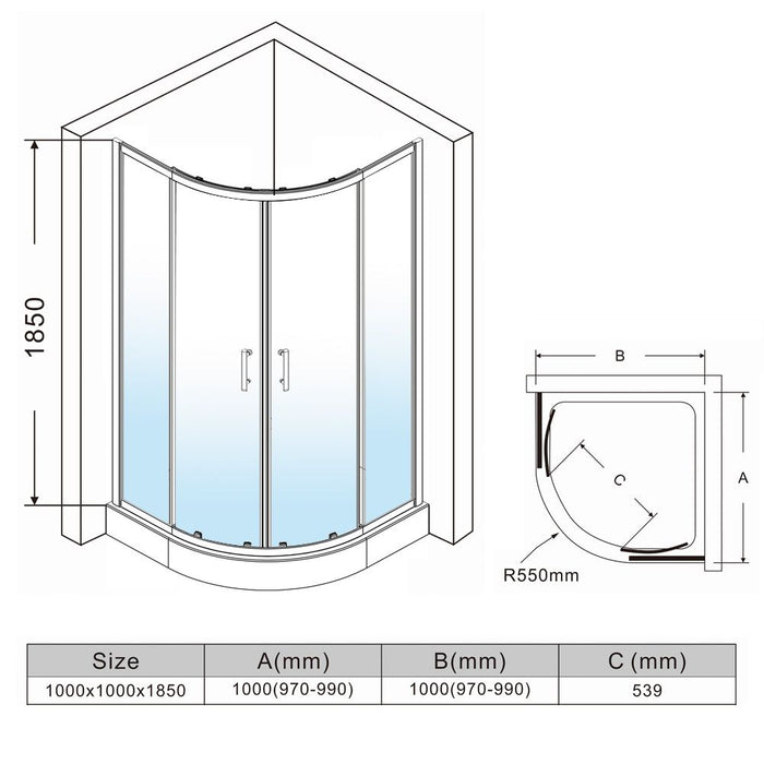 Linea 1000 x 1000mm Quadrant Shower Enclosure - 6mm Clear Glass - Chrome